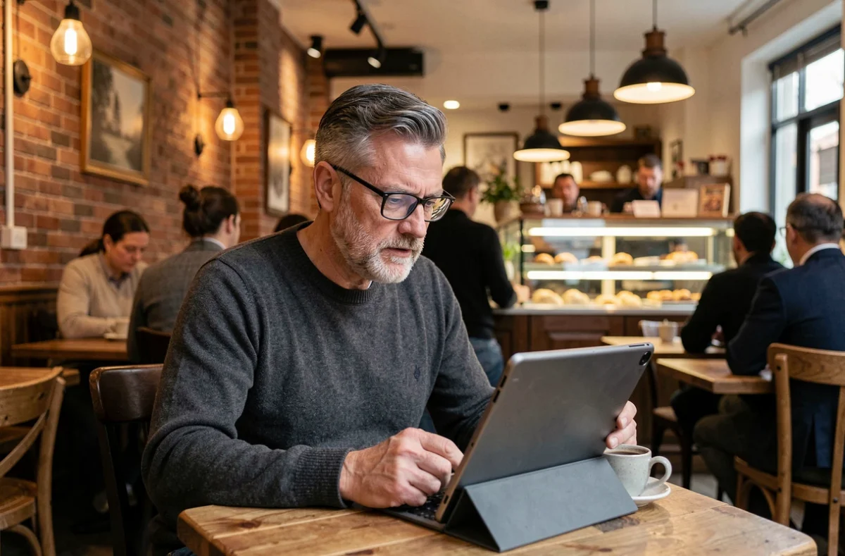 Homme lisant un article Insight Mag sur une tablette dans un café chaleureux avec murs en briques