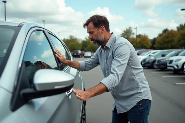 Homme inspectant une voiture d'occasion sur un parking de concessionnaire Autossimo