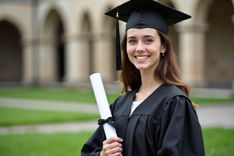 Jeune femme diplômée en toge noire tenant son diplôme sur un campus universitaire