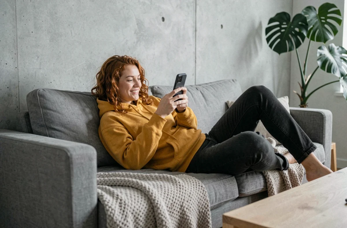 Jeune femme allongée sur un canapé parcourant des contenus Insight Mag sur son smartphone dans un salon minimaliste