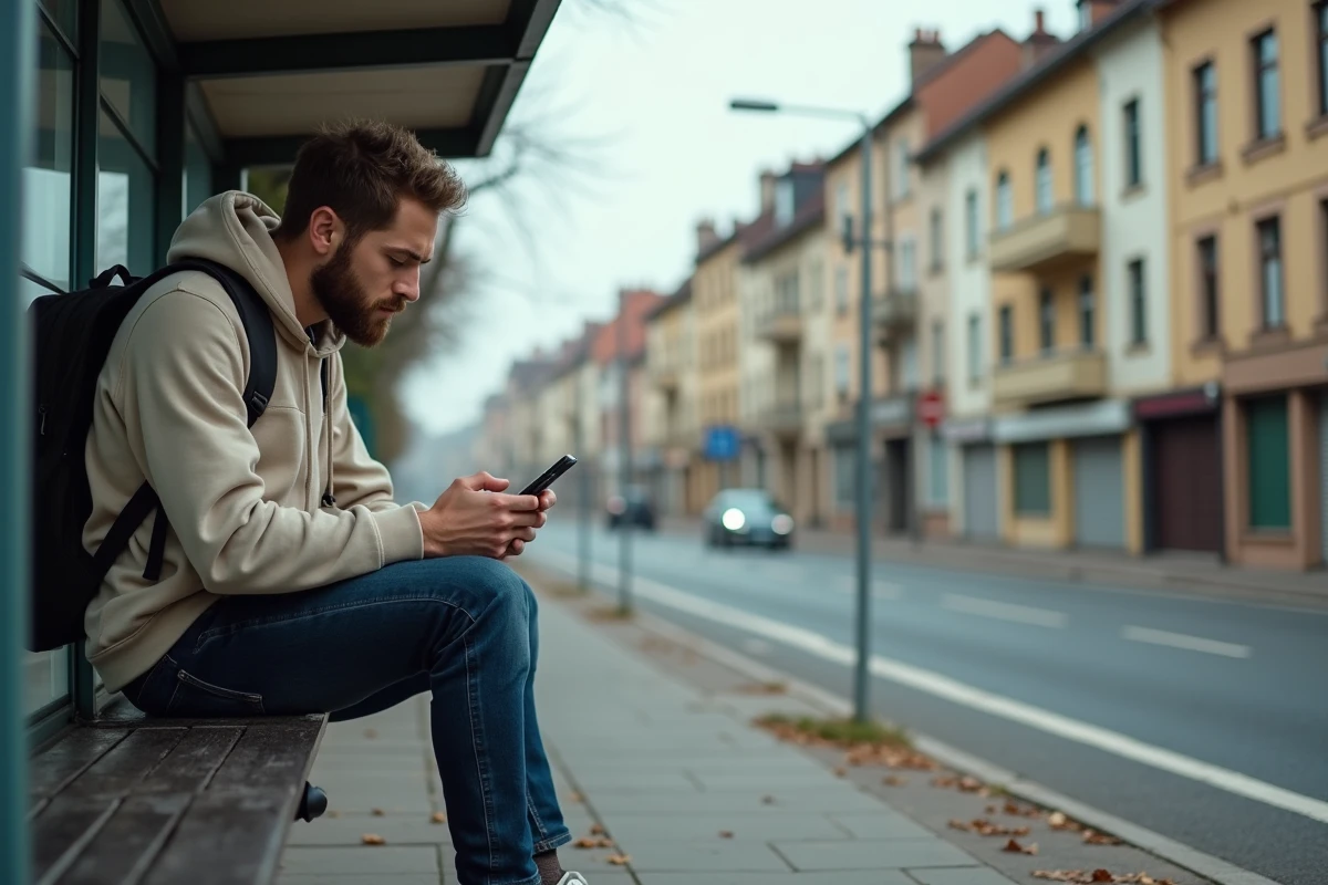 Jeune homme assis à un arrêt de bus à Bergerac