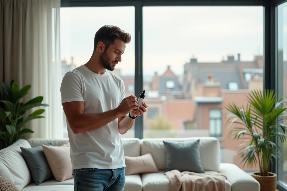 Jeune homme examinant un serum facial dans un salon moderne
