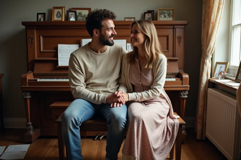 Jeune couple souriant assis sur un piano dans un salon chaleureux