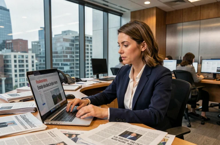 Journaliste femme dans une salle de rédaction moderne consultant les tendances de l'actualité du jour