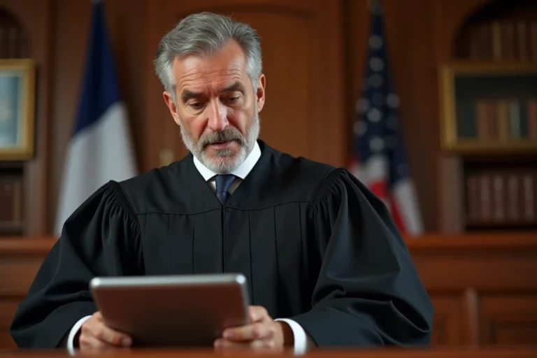 Juge en robe noire utilisant une tablette dans la salle d'audience