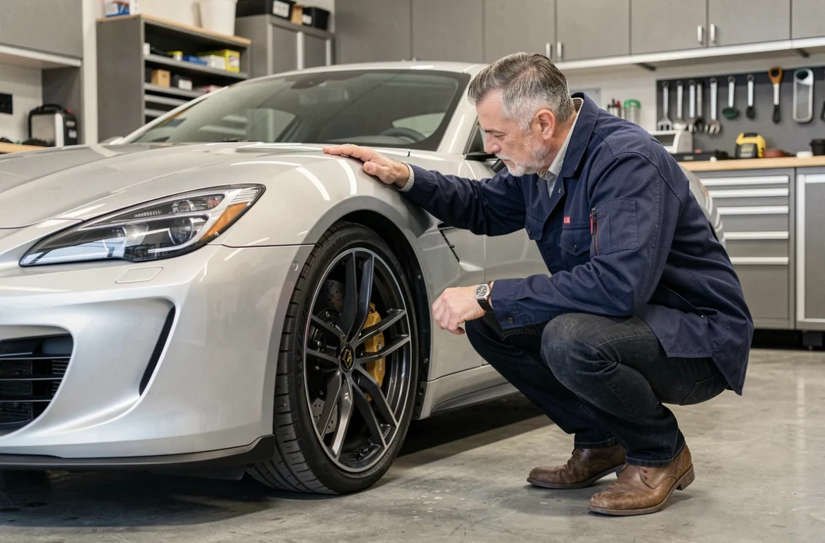 Passionné d'automobile inspectant une voiture de sport dans un garage moderne aux finitions haut de gamme