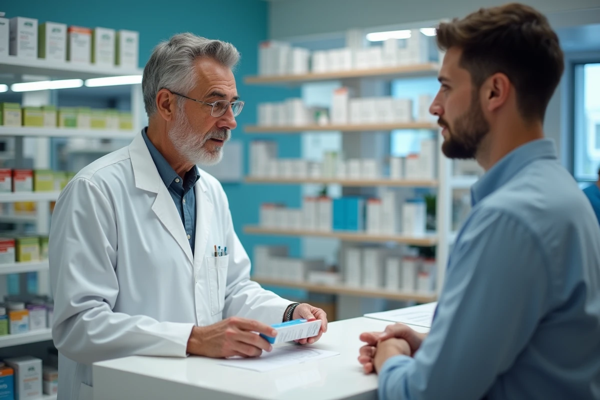 Pharmacien expliquant les contre-indications d'un complément alimentaire à un client dans une pharmacie moderne, conseil médical professionnel