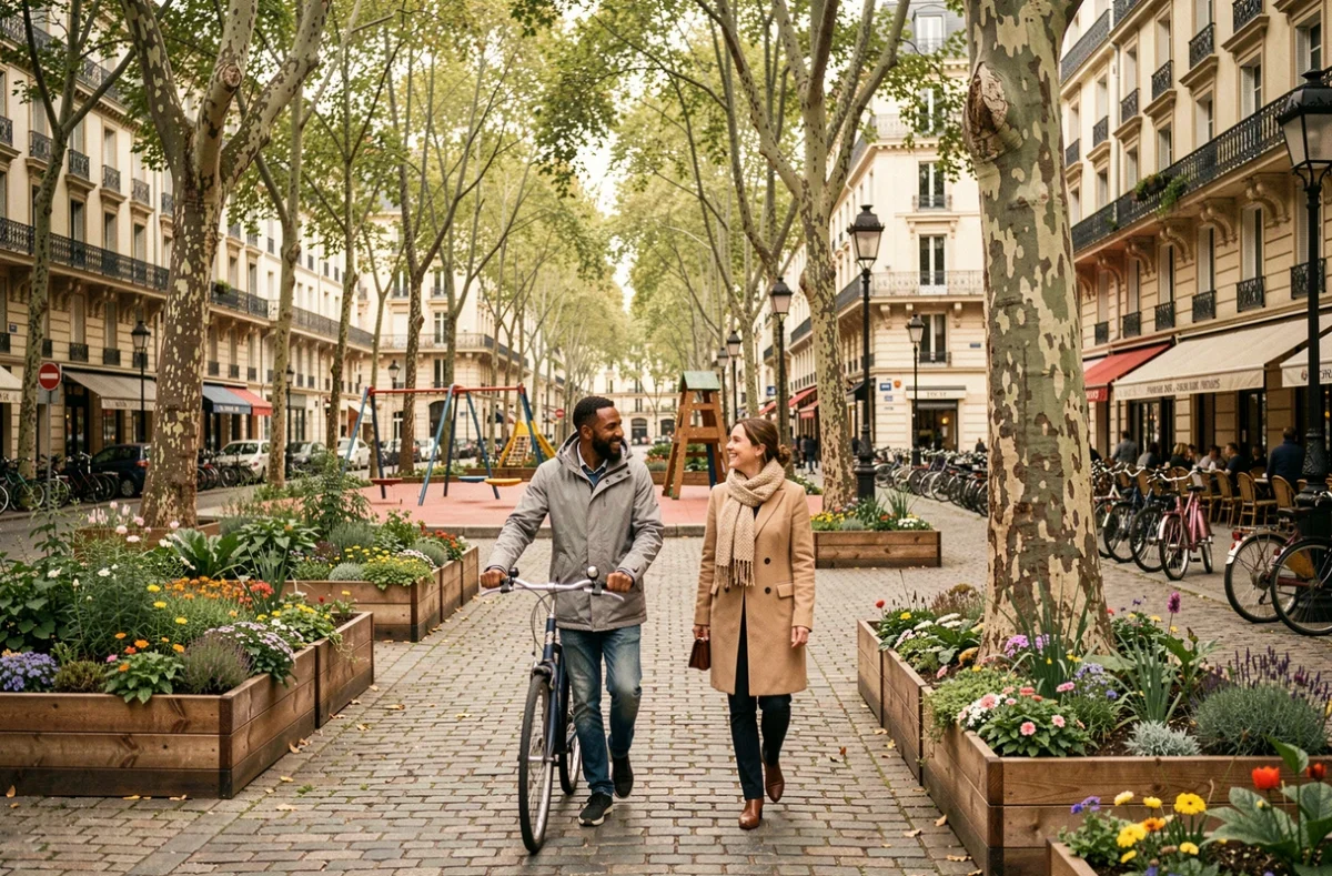 Place publique arborée avec jardin urbain et habitants en promenade dans un quartier résidentiel de Grand Paris Seine Ouest