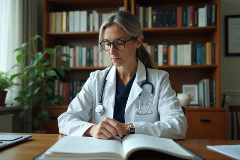 Psychiatre femme consultant le manuel DSM dans son bureau médical entouré de livres de référence clinique