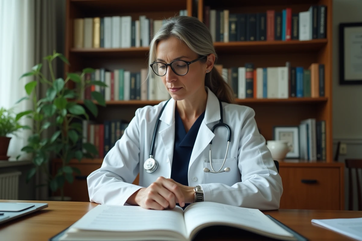 Psychiatre femme consultant le manuel DSM dans son bureau médical entouré de livres de référence clinique
