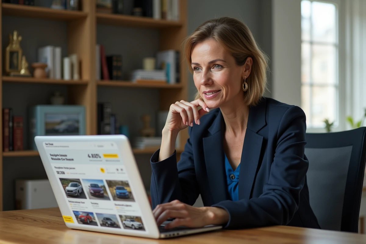 Femme consultant des avis sur Autossimo depuis son ordinateur portable à la maison