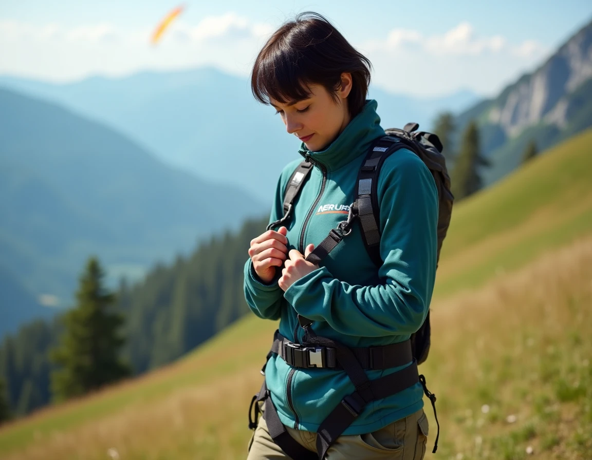 Instructrice de parapente ajustant une sellette Nervures AirTrek 2 sur un site de décollage en montagne