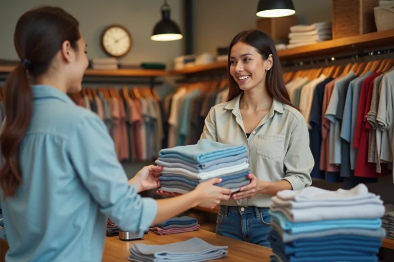 Femme déposant des vêtements usagés au comptoir d'un magasin de seconde main pour une reprise contre argent