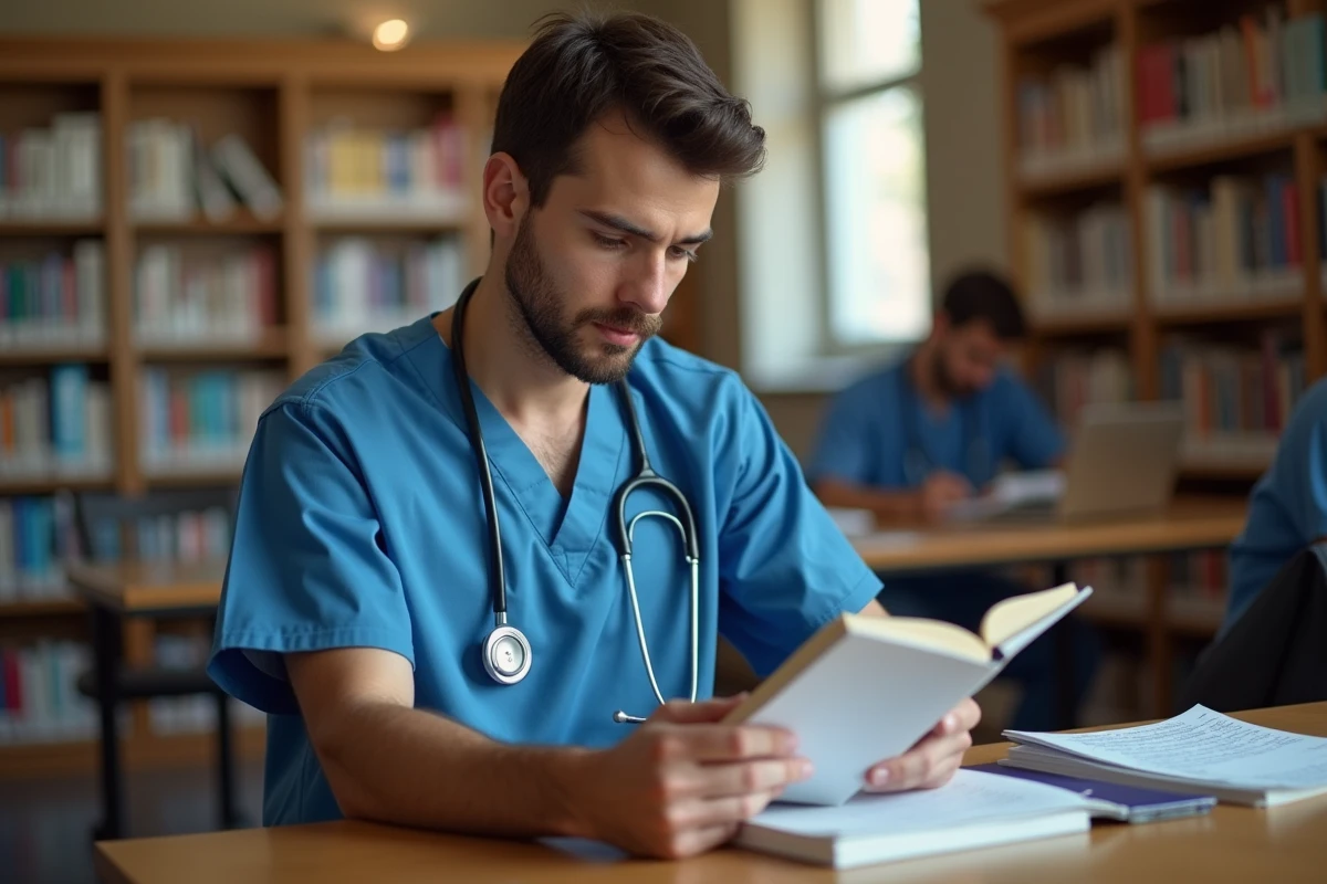 Jeune résident en psychiatrie étudiant les nouvelles classifications du DSM dans une bibliothèque médicale universitaire