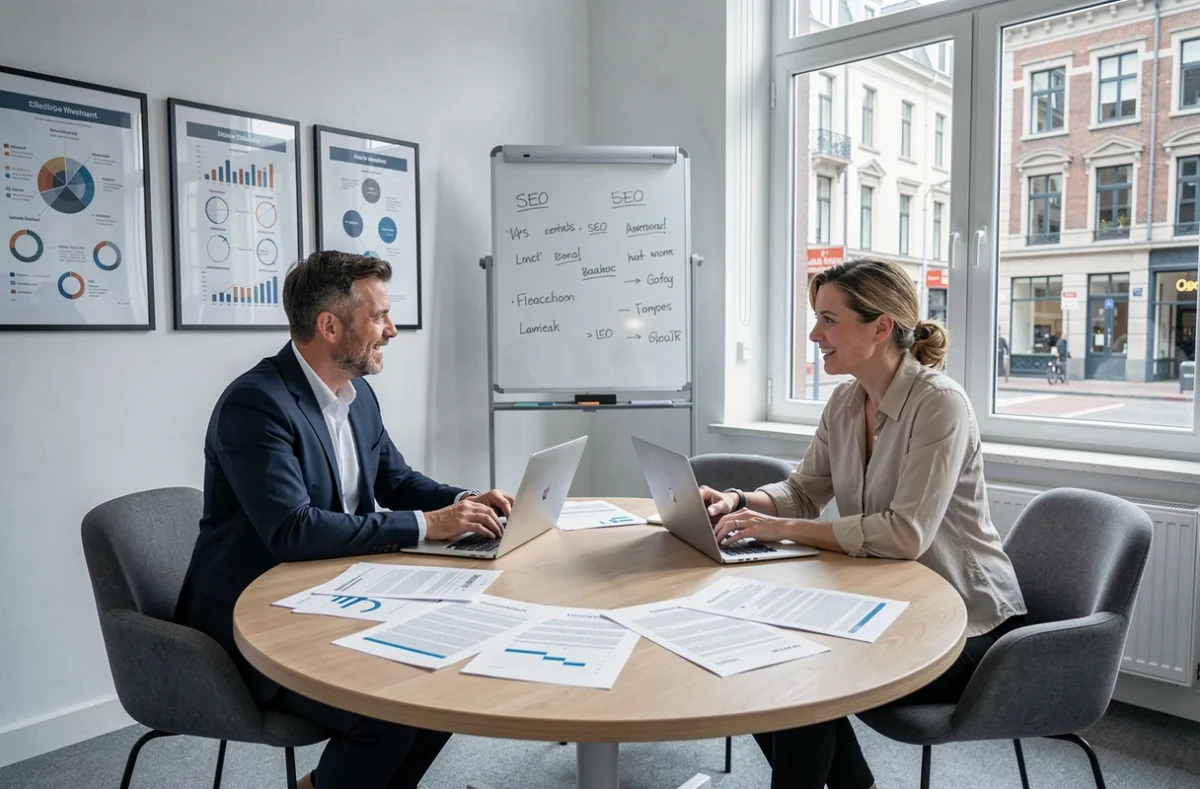 Réunion en agence de référencement belge entre un client et un expert SEO à Bruxelles
