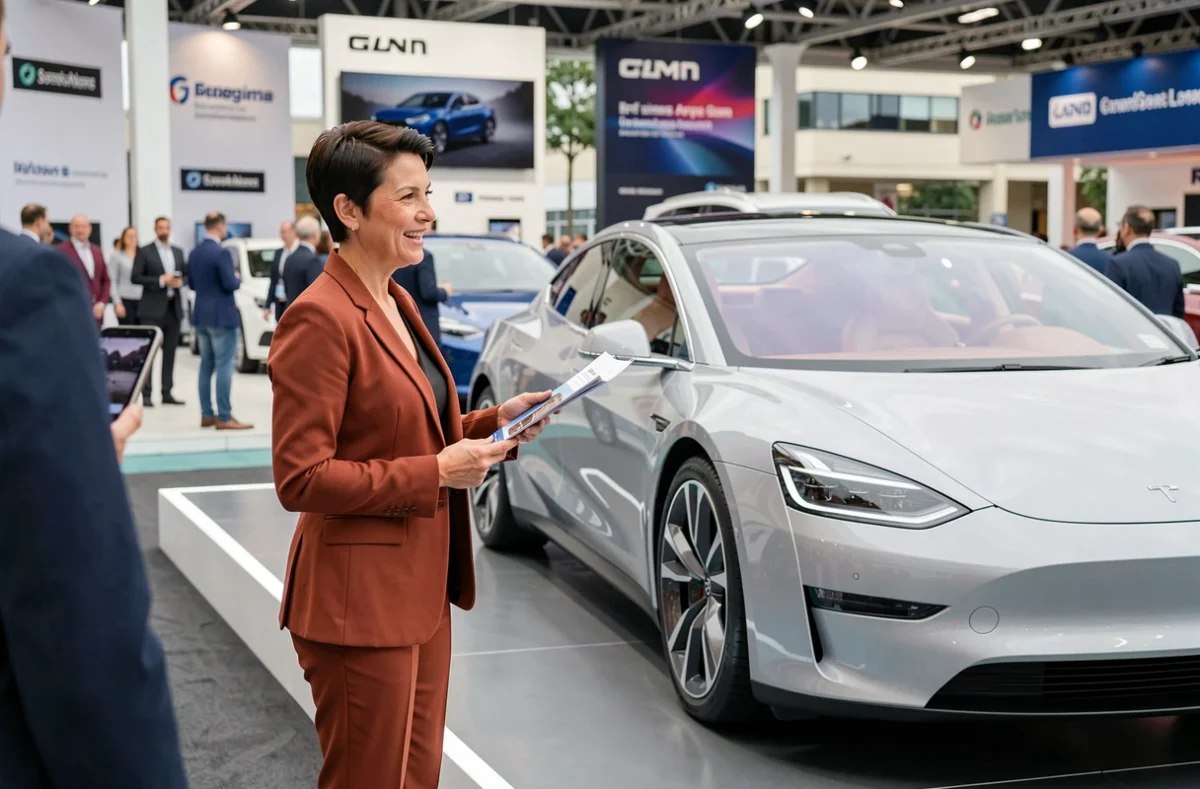 Femme passionnée d'automobile découvrant un véhicule électrique concept lors d'un salon automobile en extérieur