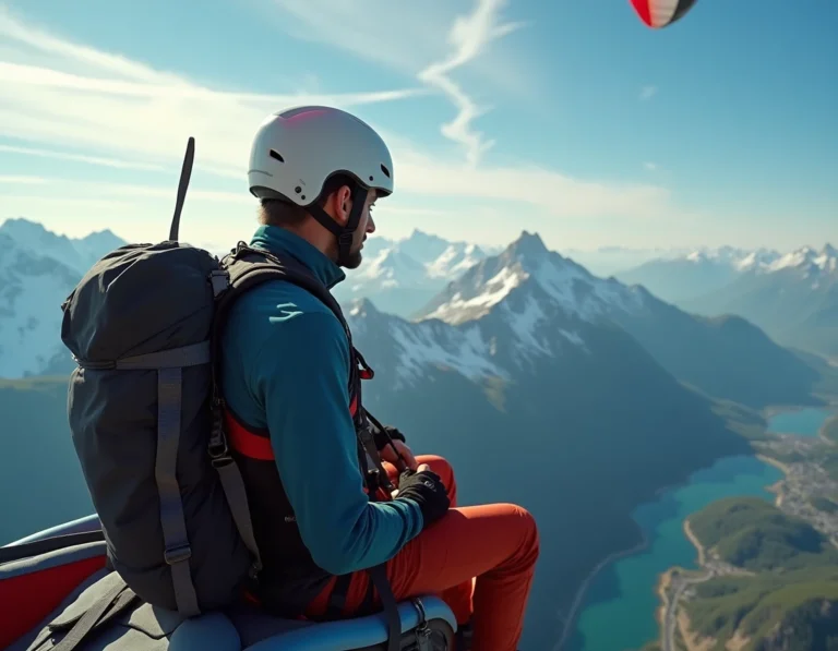 Pilote de parapente installé dans une sellette Nervures AirTrek 2 en vol au-dessus d'une vallée alpine