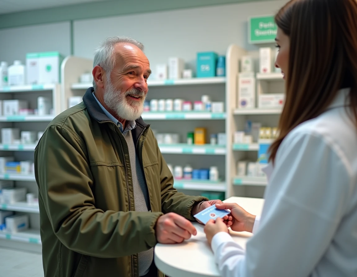 Homme senior de 68 ans utilisant sa carte de mutuelle en pharmacie, illustrant les avantages santé pour les plus de 60 ans en France