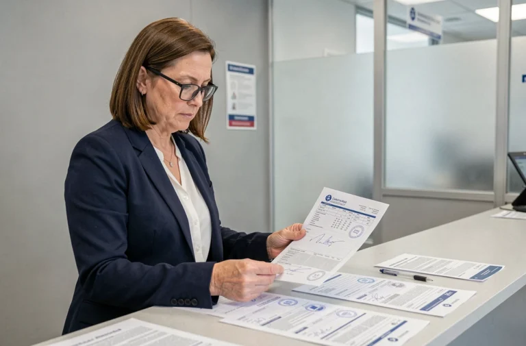 Une femme consulte des documents administratifs liés à l'immatriculation de son véhicule dans un bureau de services publics
