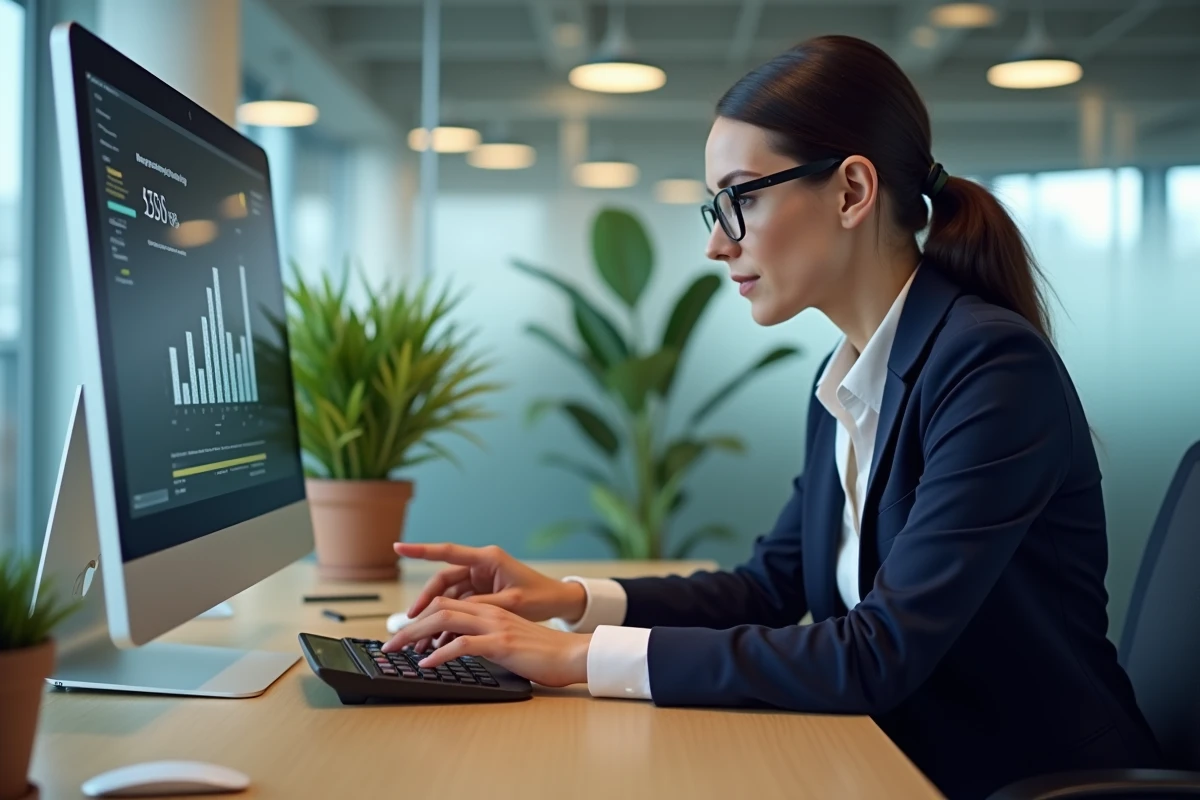 Femme en blazer calculant les mensualités de son prêt immobilier dans un bureau professionnel moderne
