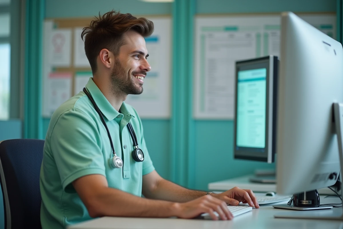 Jeune professionnel de santé travaillant sur un poste hospitalier
