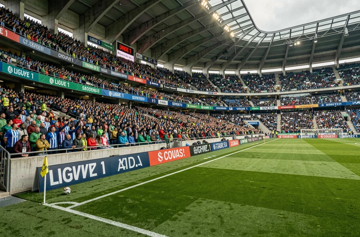 Vue panoramique d'un stade de Ligue 1 rempli de supporters lors d'un match, avec banderoles de sponsors et pelouse impeccable
