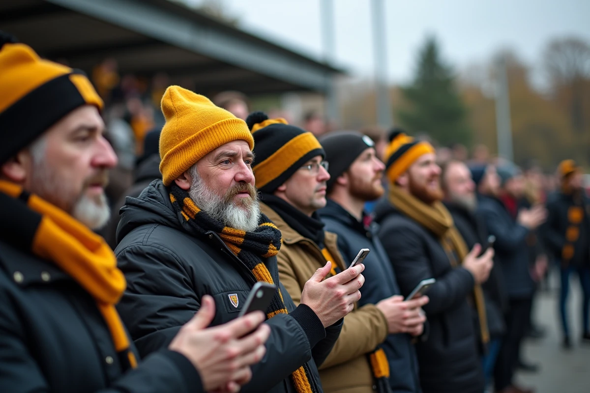 Rassemblement de supporters du Stade Montois devant le stade Guy-Boniface consultant le forum en ligne
