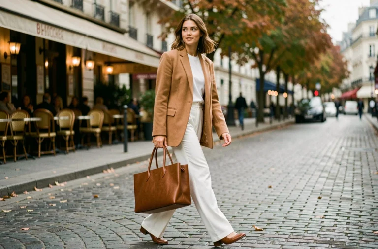 Femme élégante en blazer camel et pantalon large blanc marchant dans une rue pavée parisienne, look tendance automne 2024
