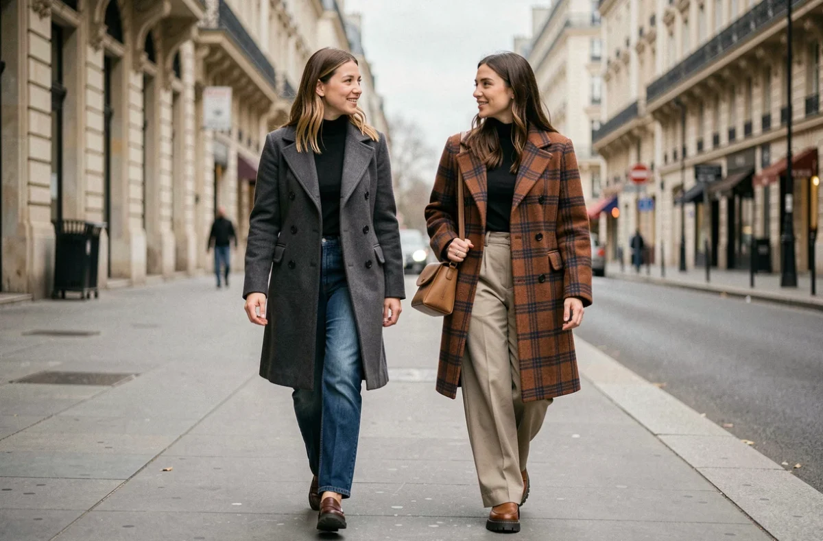 Deux femmes élégantes en manteaux tendance automne 2024 marchant dans une rue haussmannienne, mode streetwear parisienne