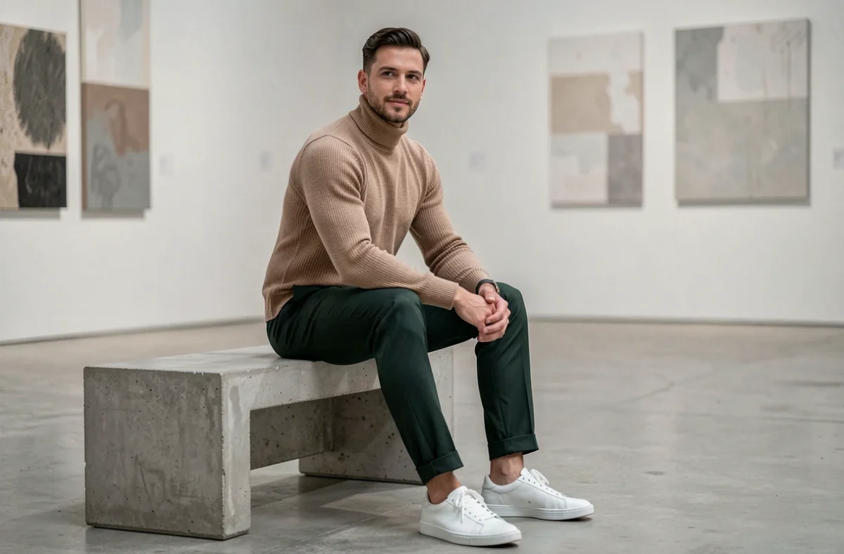 Homme stylé en pull col roulé beige et pantalon vert forêt dans une galerie d'art minimaliste, tendances mode homme 2024