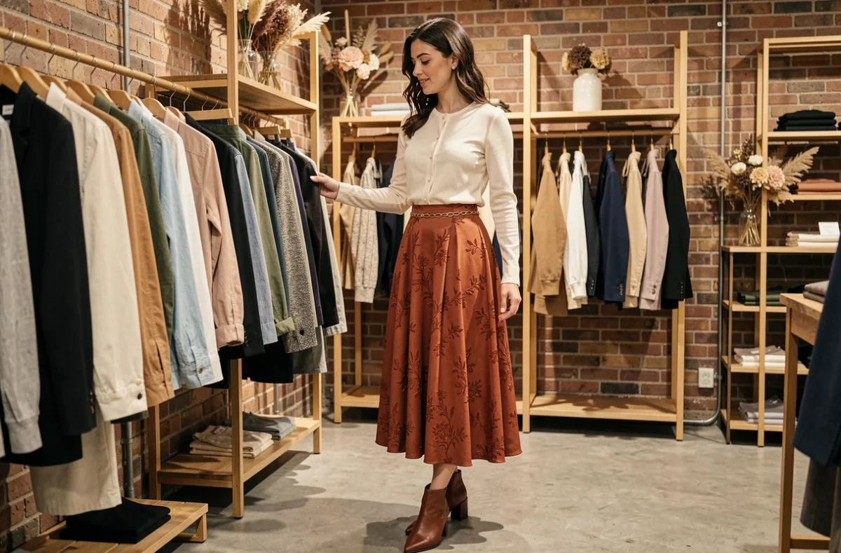 Femme en jupe midi terracotta et chemisier crème feuilletant des vêtements dans un concept store parisien, mode automne-hiver 2024