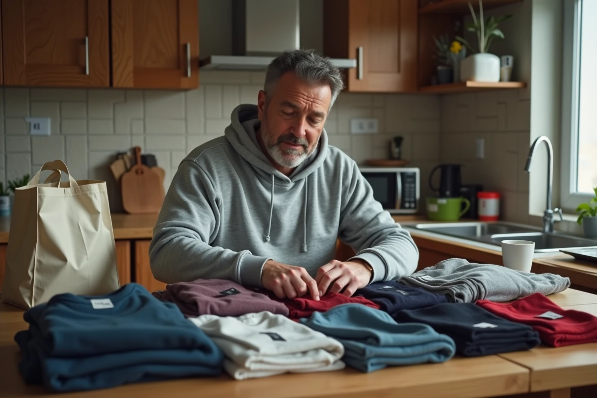 Homme triant et préparant des vêtements à la maison avant de les apporter en reprise contre rémunération