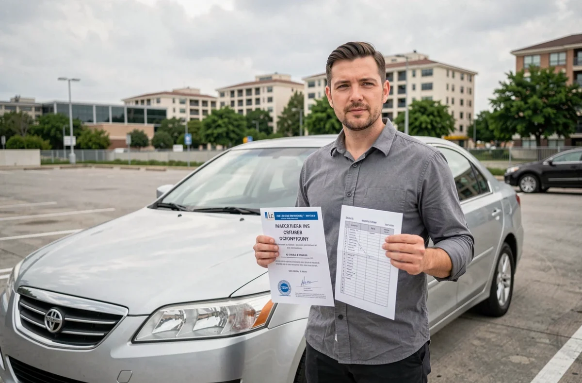 Un homme vérifie les documents administratifs de son véhicule dans un parking urbain, certificat de conformité en main