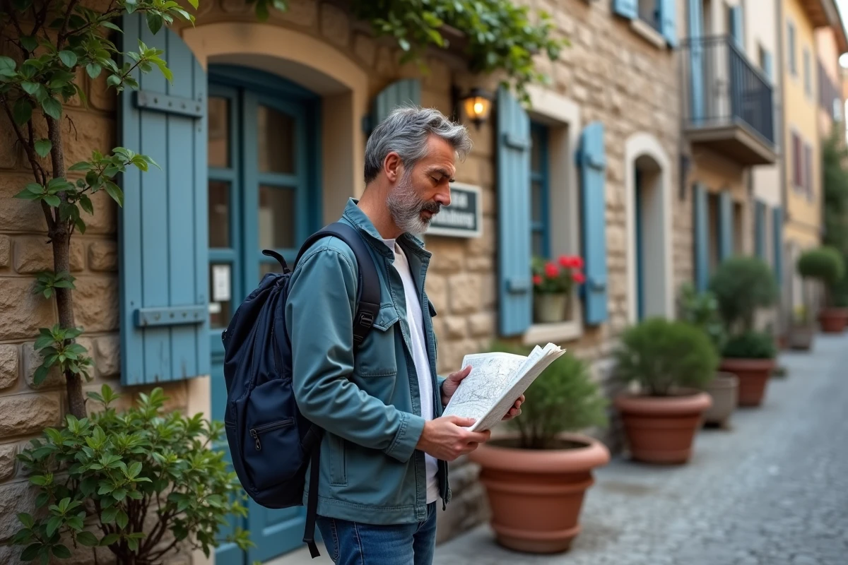 Voyageur solo consultant une carte devant une maison d'hôtes pittoresque en Europe
